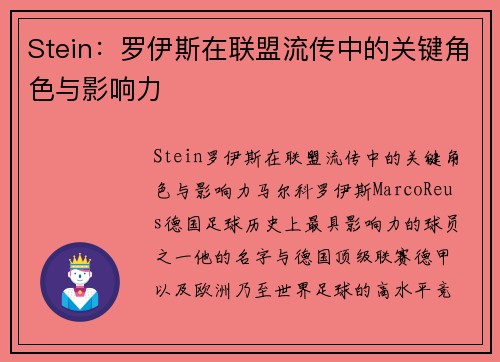 Stein：罗伊斯在联盟流传中的关键角色与影响力